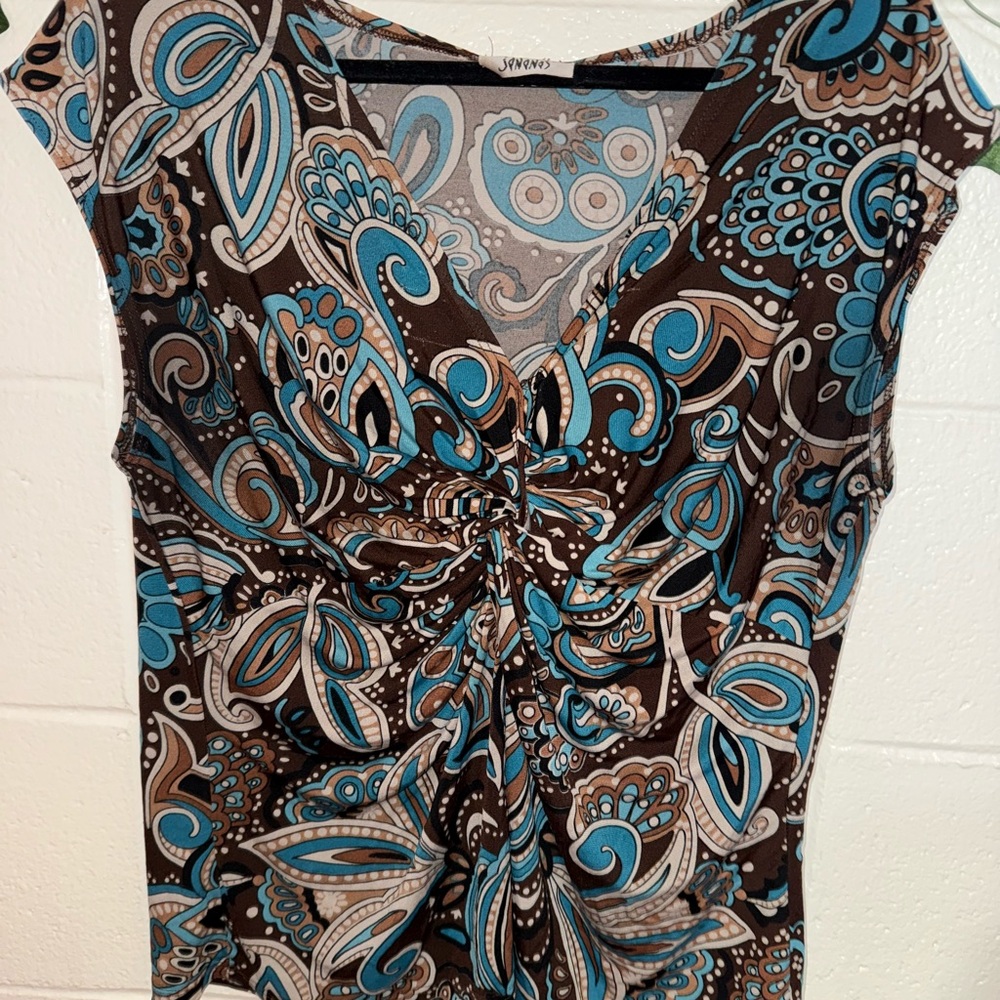 Jones New York Women's Blue and Brown Paisley Top